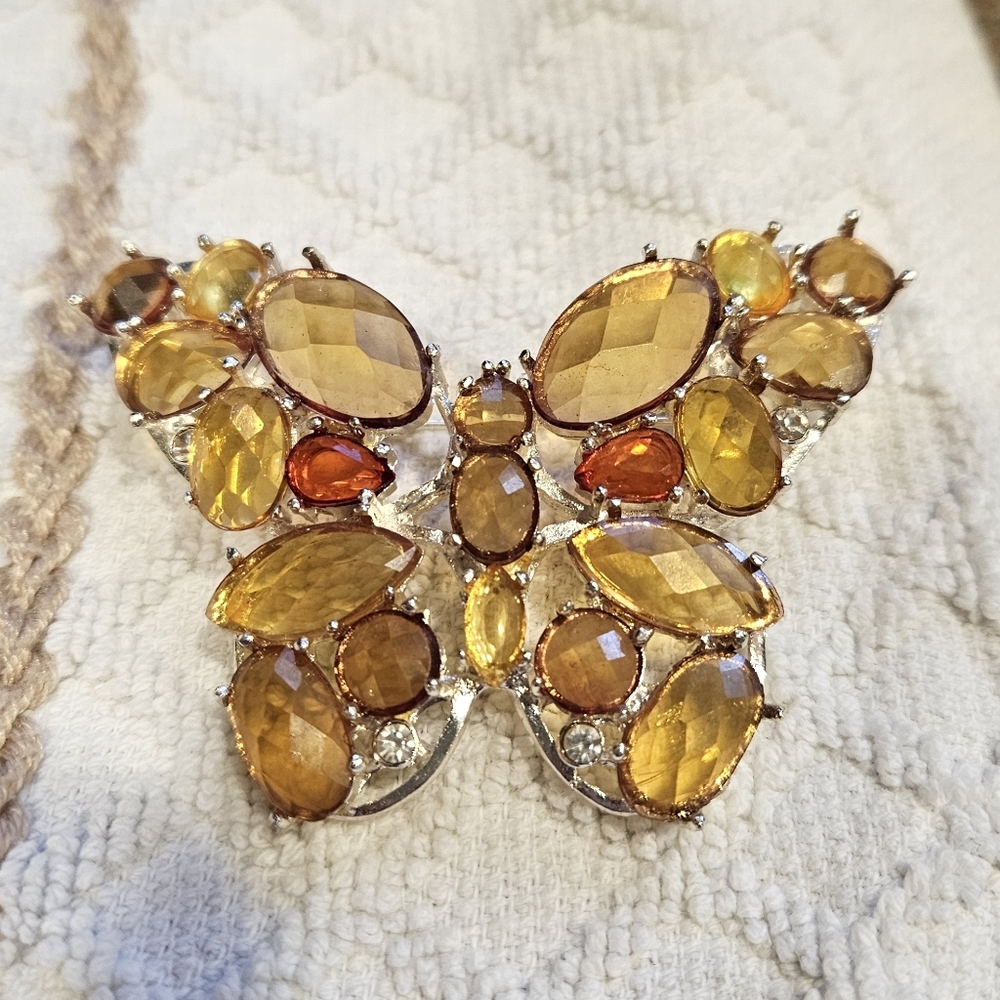 Butterfly Brooch Pin with Rhinestones And Gold and Amber  Colored Accents.